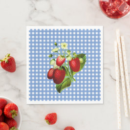 Blauw gingham en aardbeien Lunch Paper Napkin Servet