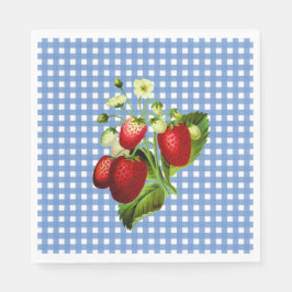 Blauw gingham en aardbeien Lunch Paper Napkin Servet