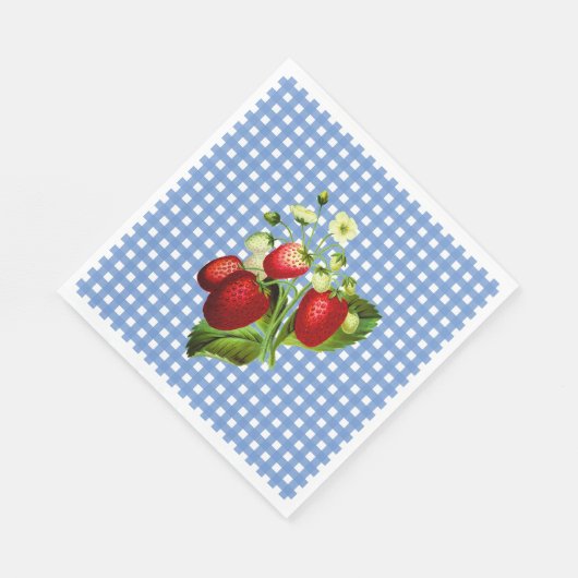 Blauw gingham en aardbeien Lunch Paper Napkin Servet (Hoek)
