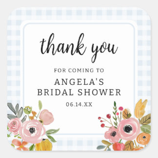Blauw Gingham en Bloemen Bruidsfeest Bedankt Vierkante Sticker
