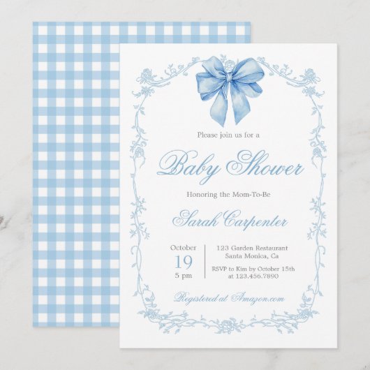 Blauw Gingham en Strik Baby Shower Jongen Kaart (Voorkant / Achterkant)