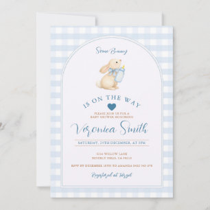 Blauw Gingham Er Is Een Konijntje Op Weg Baby Show Kaart
