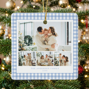Blauw Gingham Familie Fotocollage Keramisch Ornament