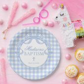 Blauw Gingham Flirterig Strik Doopfeestje Papieren Bordje (Feest)