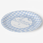 Blauw Gingham Flirterig Strik Doopfeestje Papieren Bordje (Gekanteld)