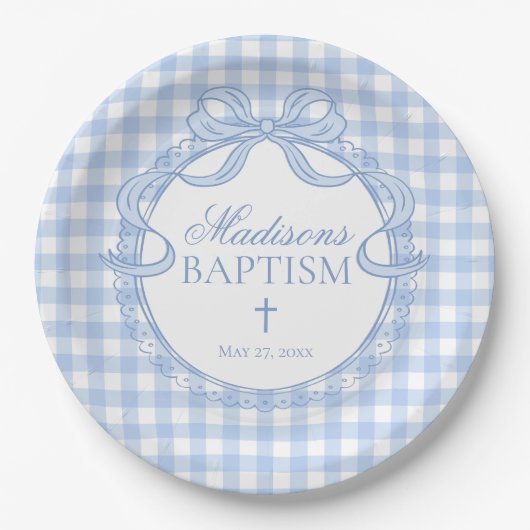 Blauw Gingham Flirterig Strik Doopfeestje Papieren Bordje (Voorkant)