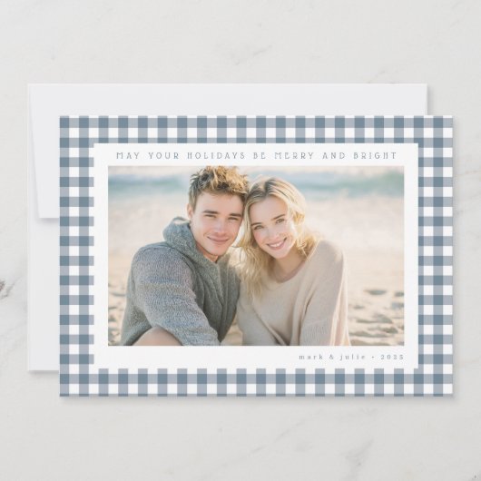Blauw Gingham Frame Kerst Foto Feestdagenkaart (Voorkant)
