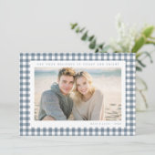 Blauw Gingham Frame Kerst Foto Feestdagenkaart (Staand voorkant)