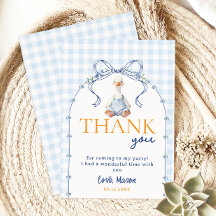 Blauw Gingham Gans Jongen Eerste Verjaardag Bedank