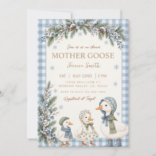 Blauw Gingham Gans Winter Baby Shower Kaart