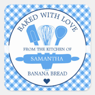 Blauw Gingham Gebakken Met Liefde Banaanbrood Bakk Vierkante Sticker