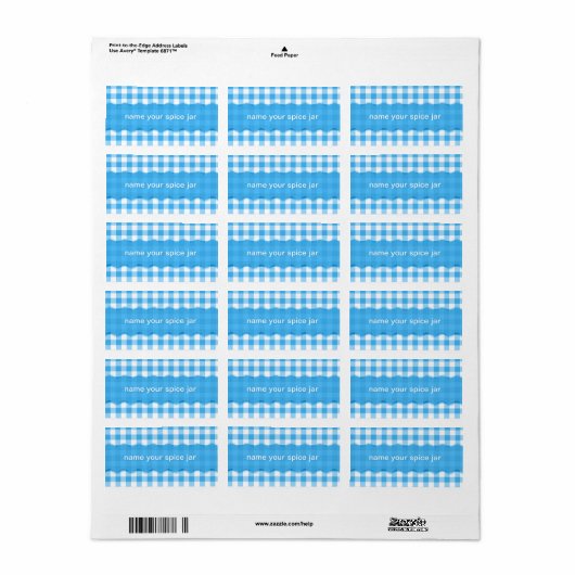 Blauw Gingham geruit design keukenlabel Etiket (Full Sheet)