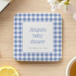 Blauw Gingham Geruit Landelijke Jongens Baby Borre Kartonnen Onderzetters
