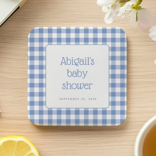 Blauw Gingham Geruit Landelijke Jongens Baby Borre Kartonnen Onderzetters