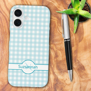 Blauw Gingham Geruit Monogram Aangepaste Case-Mate iPhone 16 Hoesje
