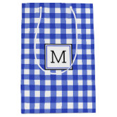 Blauw Gingham geruit Monogram Medium Gift Bag Cadeauzakje (Voorkant)