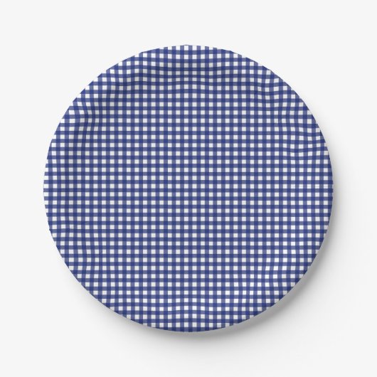 blauw gingham gevlekt met stijlvolle trendy papieren bordje (Voorkant)