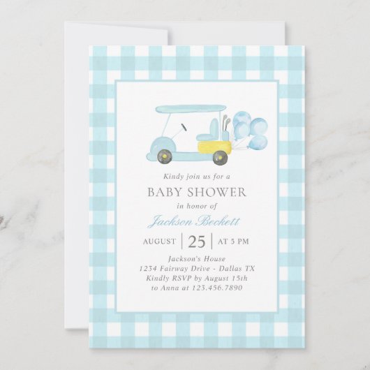 Blauw Gingham Golf Jongens Baby Borrel Kaart (Voorkant)