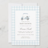 Blauw Gingham Golfkar Baby Shower Kaart (Voorkant)