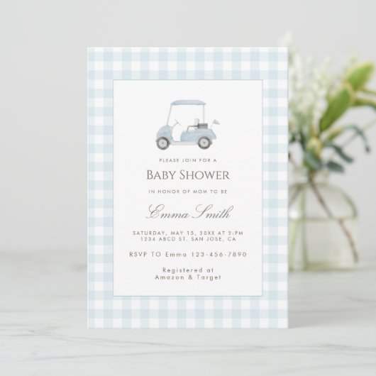 Blauw Gingham Golfkar Baby Shower Kaart (Staand voorkant)