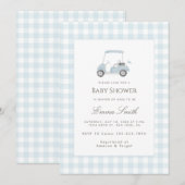 Blauw Gingham Golfkar Baby Shower Kaart (Voorkant / Achterkant)