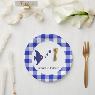 Blauw Gingham Goud Folie Ballon Vis 1e Verjaardag Papieren Bordje