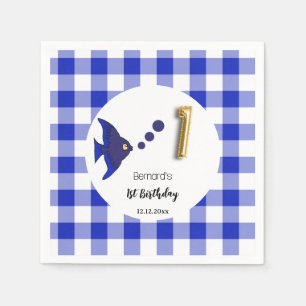 Blauw Gingham Goud Folie Ballon Vis 1e Verjaardag Servet