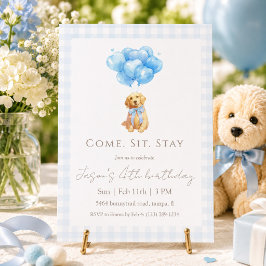 Blauw Gingham Goud Retriever Puppy Verjaardag Kaart