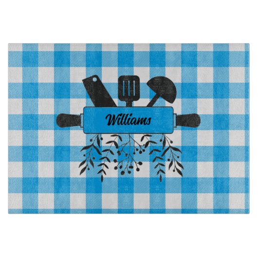 Blauw Gingham Gourmet Glas Snijplank (Voorkant)