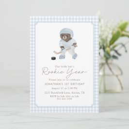 Blauw Gingham Hockey Eerste Jaar Teddybeer 1e Kaart