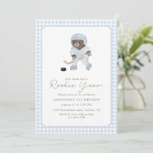 Blauw Gingham Hockey Eerste Jaar Teddybeer 1e  Kaart