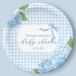 Blauw Gingham Hortensia Jongens Baby Shower Papieren Bordje