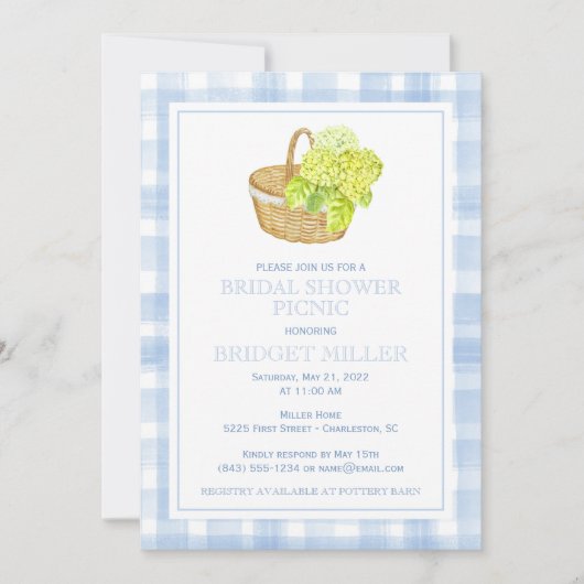 Blauw Gingham Hydrangea Bloemenmand Uitnodiging (Voorkant)