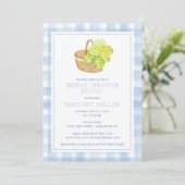 Blauw Gingham Hydrangea Bloemenmand Uitnodiging (Staand voorkant)