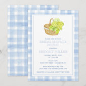 Blauw Gingham Hydrangea Bloemenmand Uitnodiging (Voorkant / Achterkant)