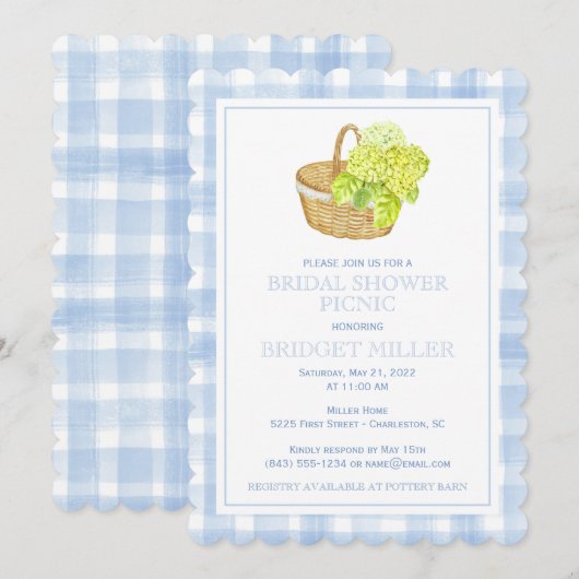 Blauw Gingham Hydrangea Bloemmandje Kaart (Voorkant / Achterkant)