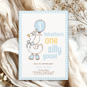 Blauw Gingham Jongen Een Dwaze Gans 1e Verjaardag Kaart