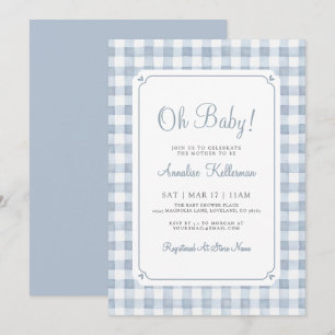 Blauw Gingham Jongen Oh Baby Shower Kaart