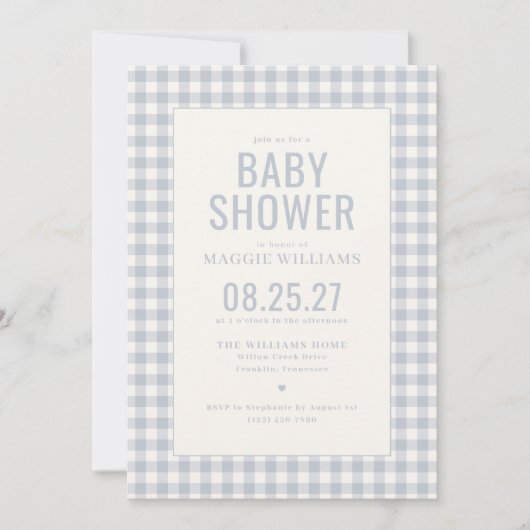Blauw Gingham Jongens Baby Shower Kaart (Voorkant)
