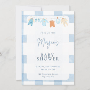 Blauw Gingham Jongens Baby Shower Uitnodiging