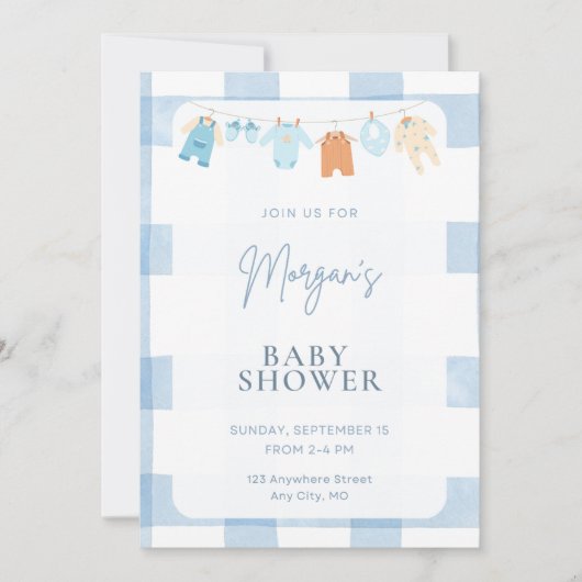 Blauw Gingham Jongens Baby Shower Uitnodiging (Voorkant)