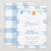 Blauw Gingham Jongens Baby Shower Uitnodiging (Voorkant / Achterkant)