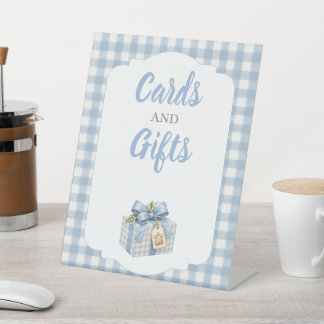 Blauw Gingham Kaarten en Cadeaus Voetstuk Bord Reclamebord Met Voetstuk