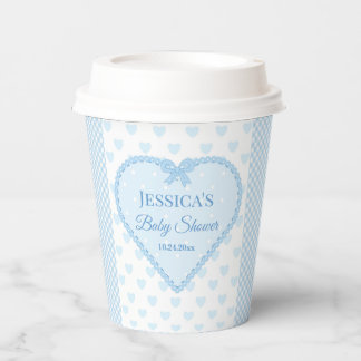 Blauw Gingham Kant Hart Jongens Baby Shower Papieren Bekers