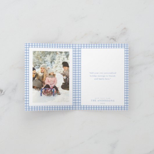 Blauw Gingham Kerst Foto Feestdagen Kaart (Binnen)