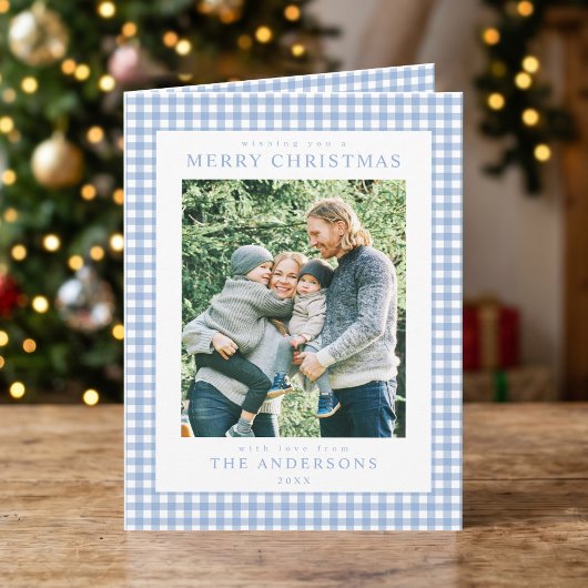 Blauw Gingham Kerst Foto Feestdagen Kaart