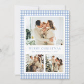 Blauw Gingham Kerst Foto Feestdagenkaart (Voorkant)