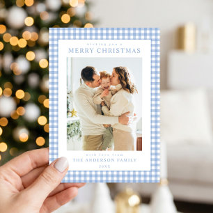 Blauw Gingham Kerst Foto Feestdagenkaart