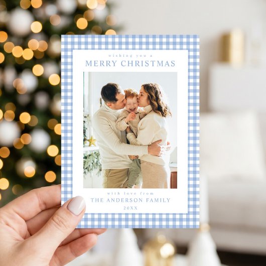 Blauw Gingham Kerst Foto Feestdagenkaart