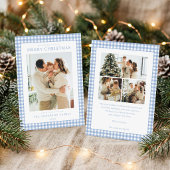 Blauw Gingham Kerst Foto Feestdagenkaart